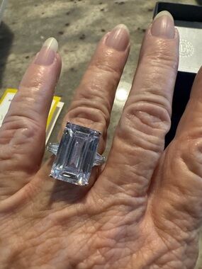 Bradford Exchange Sterling  "Perfection Diamonesk" emerald cut cocktail ring.